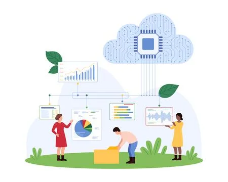 Big data analysis with cloud smart service, tiny people analyze graphs report Illustrazione stock