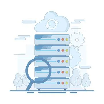 Big Data Analysis Concept. Data Server with Magnifying Glass. Illustrazione stock