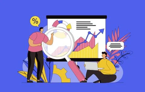 Big data analysis concept with modern flat design for web. Men analyzing stat Stock Illustration