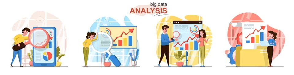 Big Data analysis flat design concept scenes set Stock Illustration