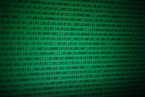 Big data analysis. green binary code on led panel with black background and e Stock Photos