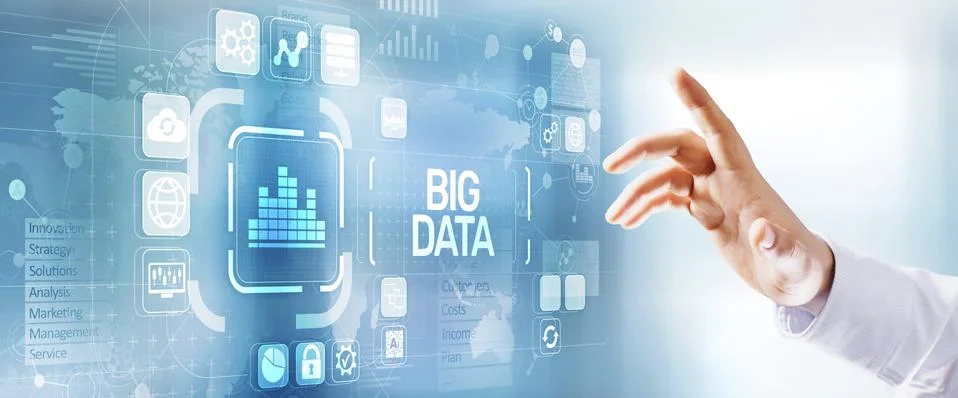 Big data analysis information technology concept. Button on modern computer Stock Photos