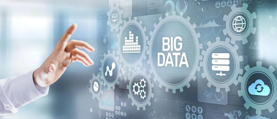 Big data analysis information technology concept. Button on modern computer 스톡 사진