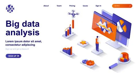 Big data analysis isometric landing page. Analyst analyzes statistics isometry Stock Illustration