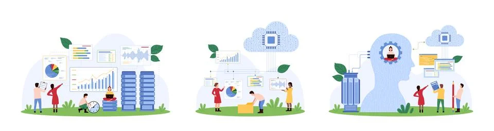 Big data analysis set, tiny people research results of graph with advices of AI Illustrazione stock