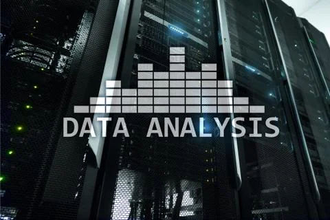 Big Data analysis text on server room background. Internet and modern technol 스톡 사진