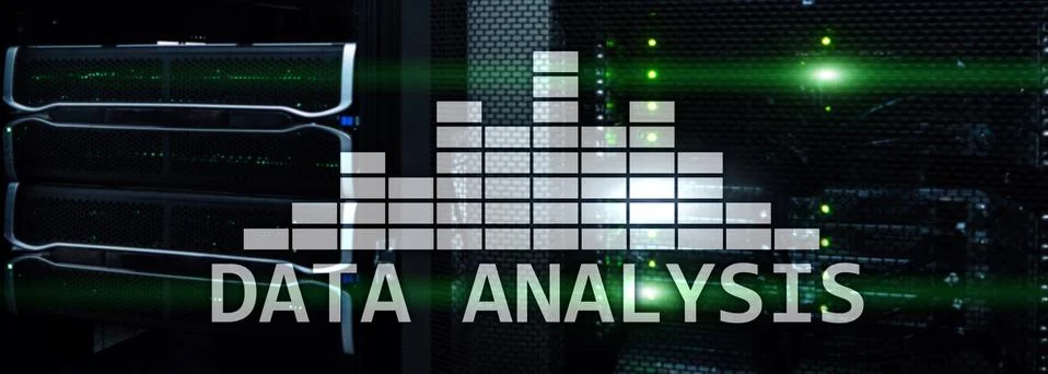 Big Data analysis text on server room background. Internet and modern technology 스톡 사진