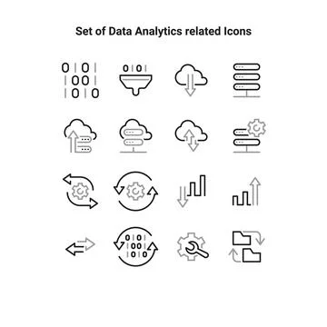 Big data analysis thin line icon set. Data processing outline pictograms for  Illustrazione stock
