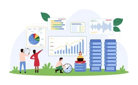 Big data analysis with virtual database, datacenter, tiny people research charts イラスト素材