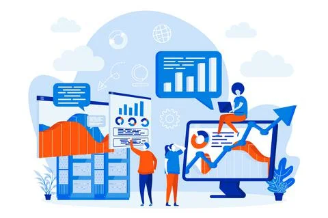 Big data analysis web design with people characters. Analytics teamwork with  Illustrazione stock