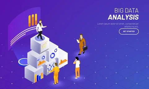 Big data analysis web template design, miniature people analysis data, busi.. Stock Illustration