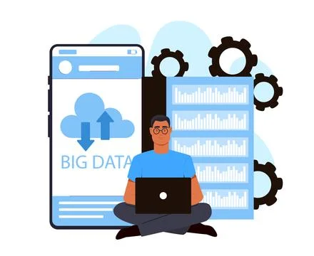 Big data analyst using laptop system. Vector illustration 스톡 일러스트