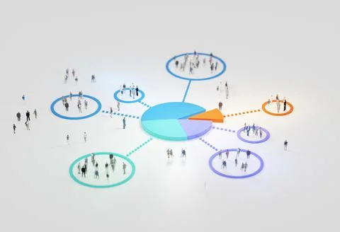 Big data analytics, abstract concept. Pie chart and groups of people on a whi Stock Illustration