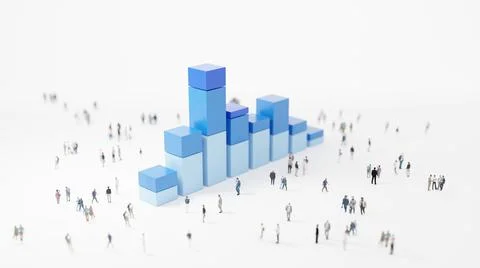 Big data analytics, abstract concept. Column chart and groups of people on a  Stock Illustration