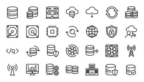 Big data analytics and global cloud computing network icon set Stock Illustration