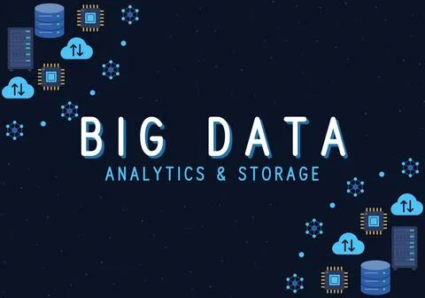Big data analytics and storage banner with cloud upload icons, server racks, Stock Illustration