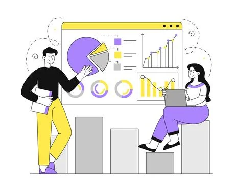 Big data analytics. Man and woman with presentation. Partners evaluate graphs 스톡 일러스트