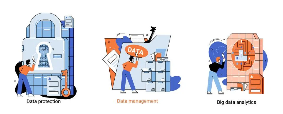Big data analytics platform, data management and protection creative metaphor Illustrazione stock