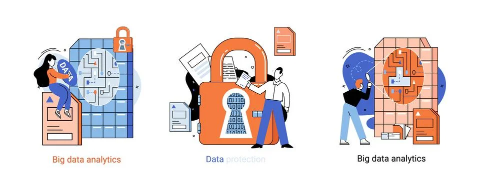 Big data analytics platform, data management and protection creative metaphor Illustrazione stock