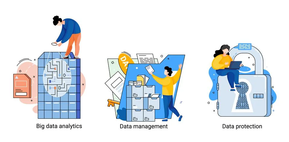Big data analytics platform, data management and protection creative metaphor Illustrazione stock