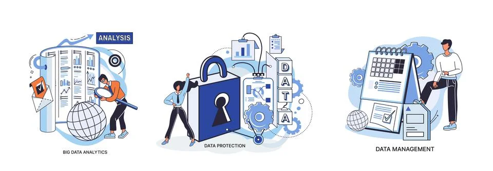 Big data analytics platform, data management and protection creative metaphor Illustrazione stock