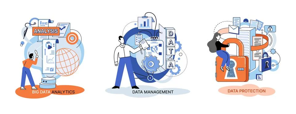 Big data analytics platform, data management and protection creative metaphor Illustrazione stock