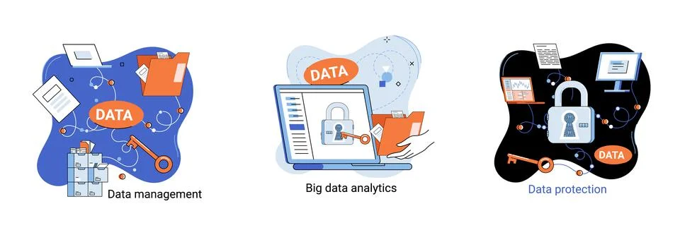 Big data analytics platform, data management and protection creative metaphor Illustrazione stock