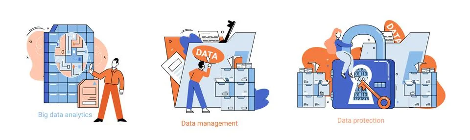 Big data analytics platform, data management and protection creative metaphor Illustrazione stock