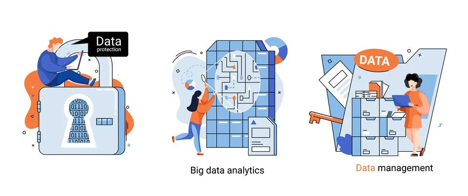 Big data analytics platform, data management and protection creative metaphor Illustrazione stock