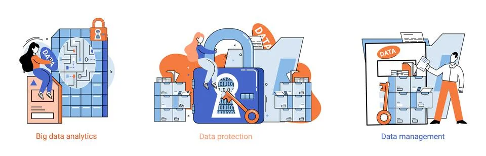 Big data analytics platform, data management and protection creative metaphor Stock Illustration