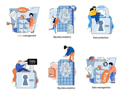 Big data analytics platform, data management and protection creative metaphor Stock Illustration