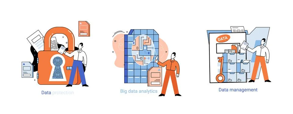 Big data analytics platform, data management and protection creative metaphor Illustrazione stock