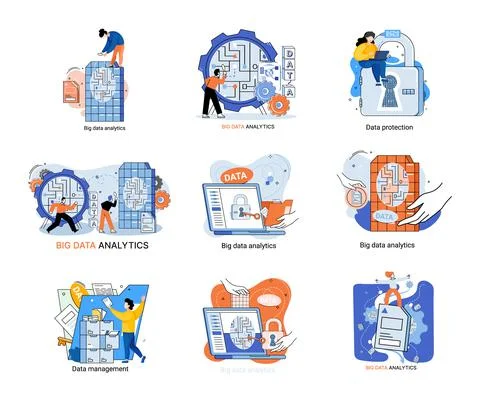 Big data analytics platform, data management and protection creative metaphor Stock Illustration