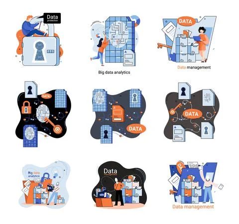 Big data analytics platform, data management and protection creative metaphor Stock Illustration