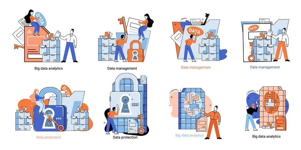 Big data analytics platform, data management and protection creative metaphor Stock Illustration