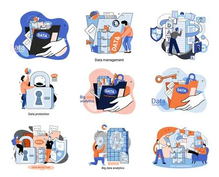 Big data analytics platform, data management and protection creative metaphor Illustrazione stock