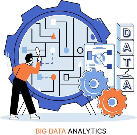 Big data analytics. Process of analyzing complex data sources for effective イラスト素材