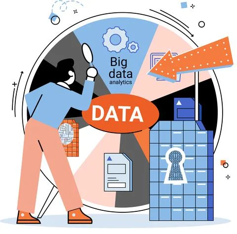 Big data analytics. Process of analyzing complex data sources for effective 스톡 일러스트