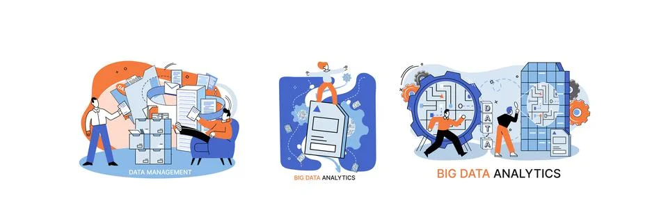 Big data analytics. Process of analyzing complex data sources for effective イラスト素材
