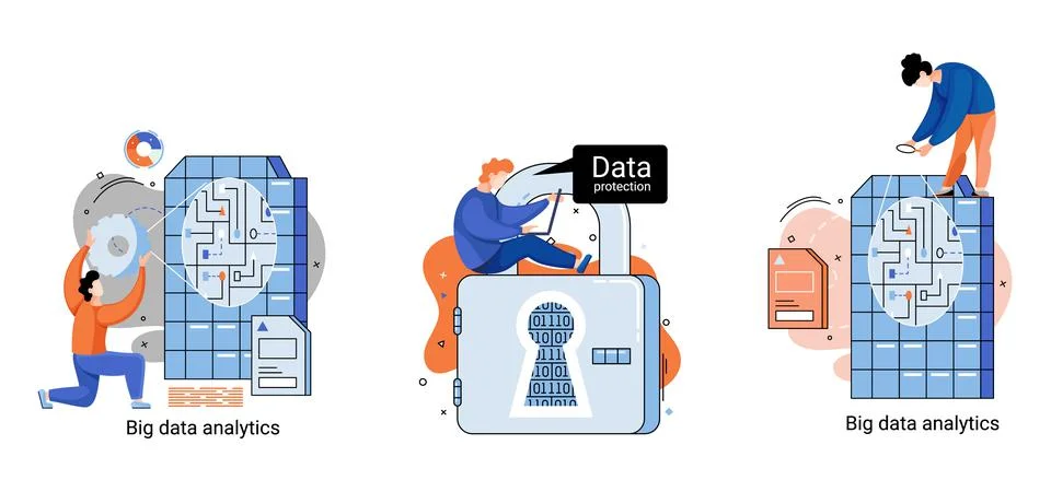 Big data analytics. Process of analyzing complex data sources for effective イラスト素材