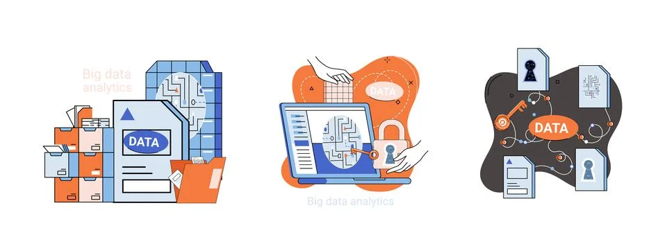 Big data analytics. Process of analyzing complex data sources for effective Stock Illustration