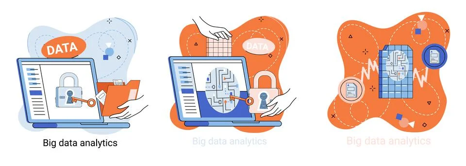 Big data analytics. Process of analyzing complex data sources for effective Stock Illustration