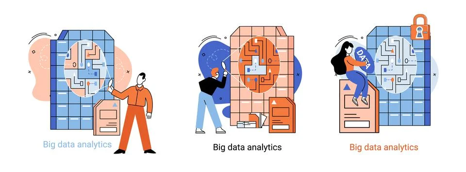 Big data analytics. Process of analyzing complex data sources for effective イラスト素材