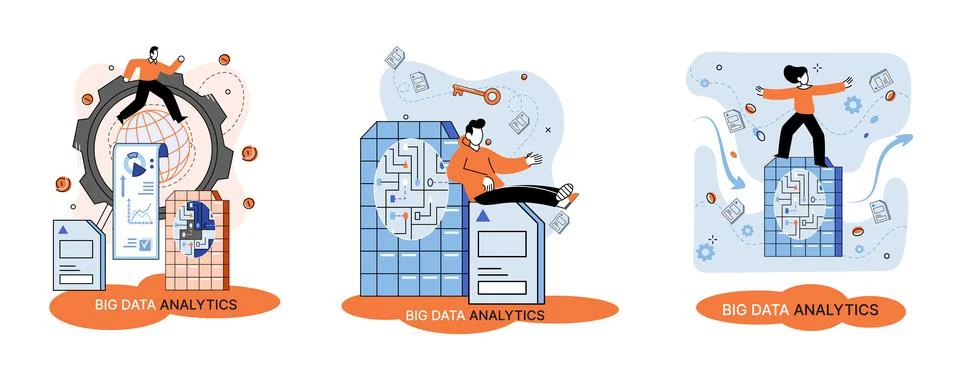 Big data analytics. Process of analyzing complex data sources for effective Stock Illustration