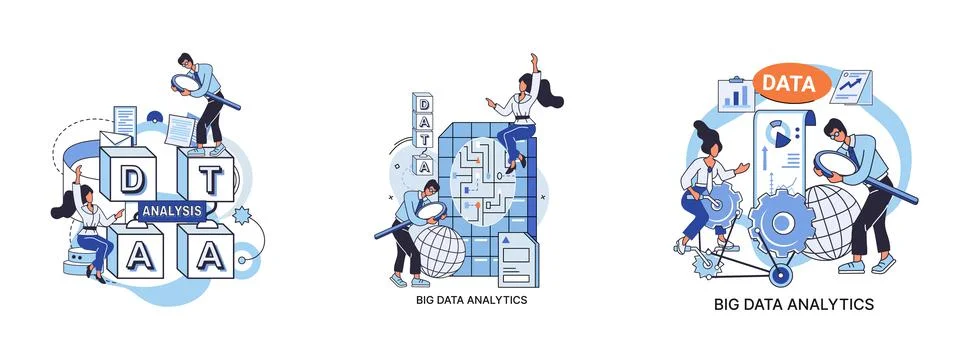 Big data analytics. Process of analyzing complex data sources for effective Stock Illustration