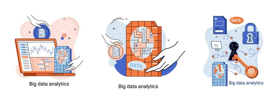 Big data analytics. Process of analyzing complex data sources for effective 스톡 일러스트