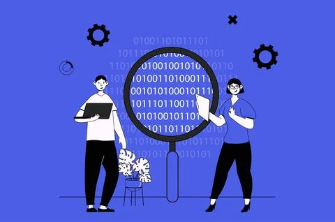 Big data analytics web concept with character scene in flat design. People wo 스톡 일러스트
