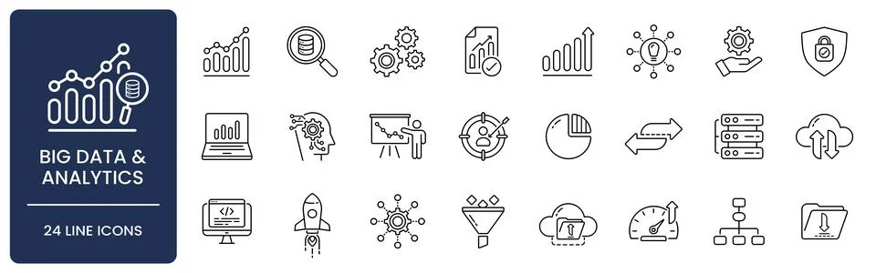 Big Data and Analytics Line Icon Set with Editable Stroke. Stock Illustration