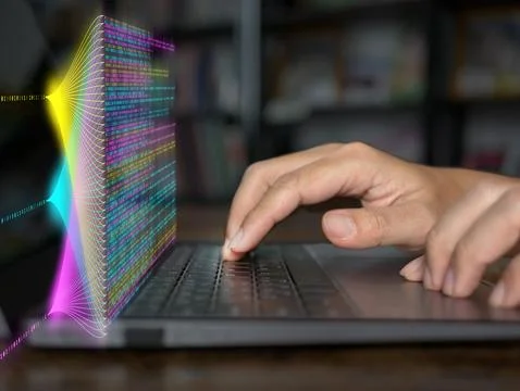Big data and data science concepts. A man is computing, analysing and extra.. Stock-Fotos