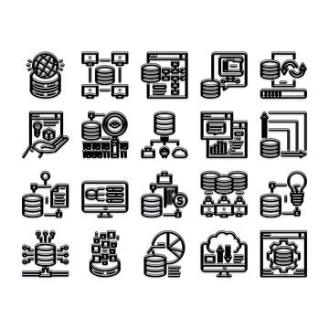 Big data and database management analyzing information icons Stockillustratie